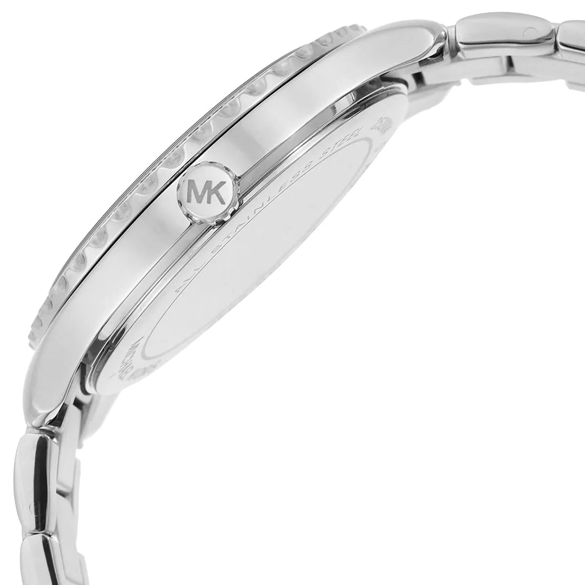 Michael Kors Layton watch side view showing stainless steel link bracelet and case
