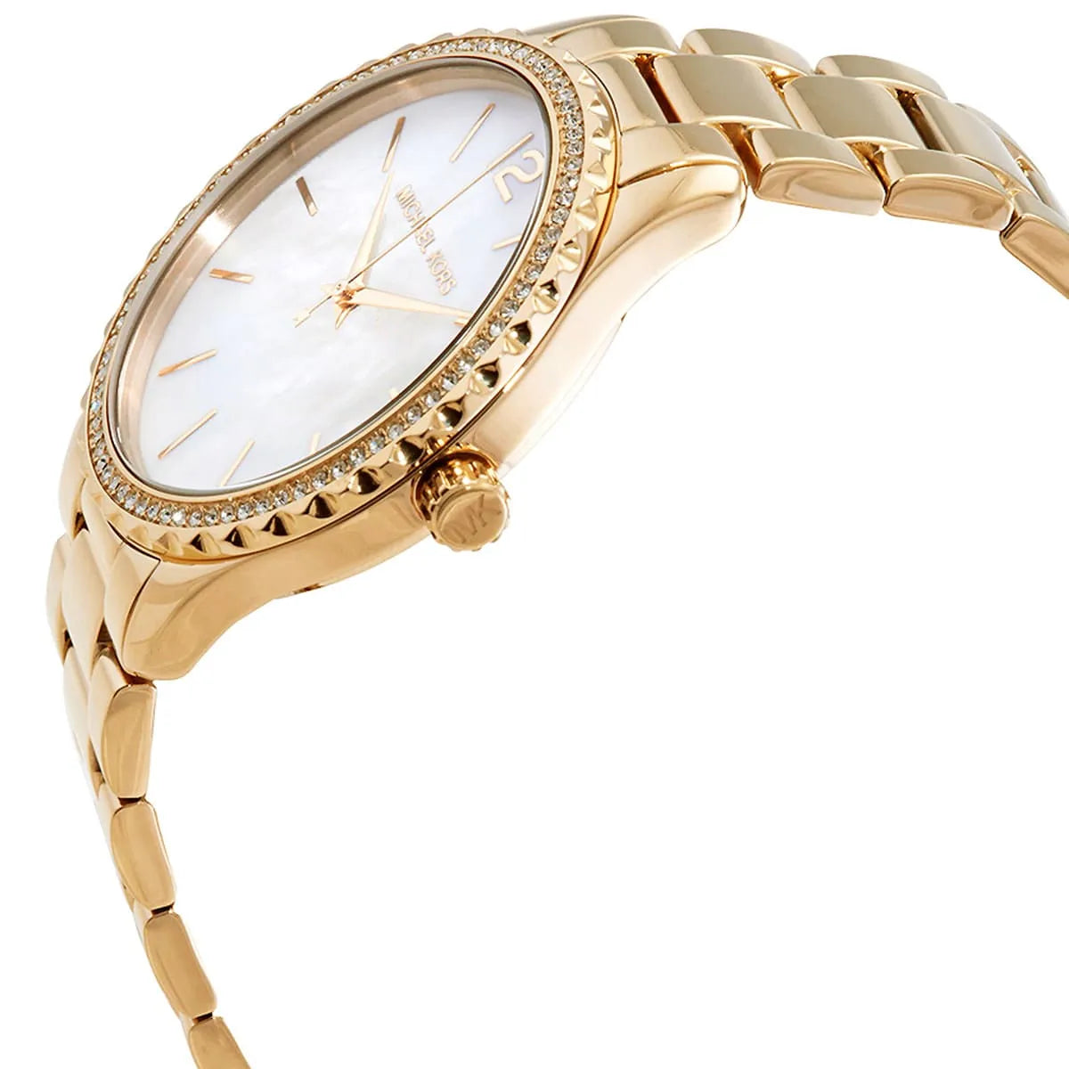 Michael Kors Layton watch side view showing white dial, gold-tone case and strap