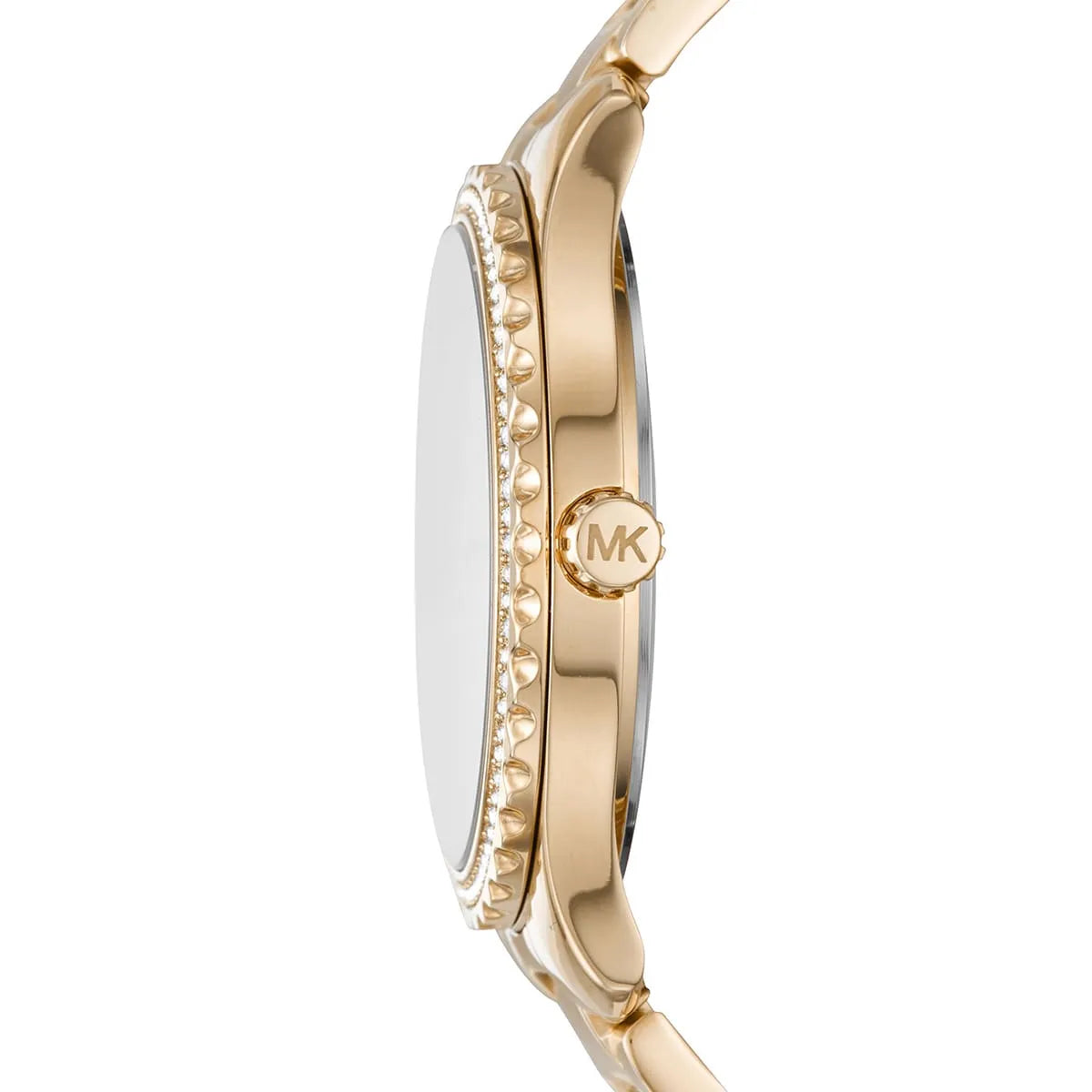 Michael Kors Layton watch profile showing crystal bezel, case thickness, and crown detail