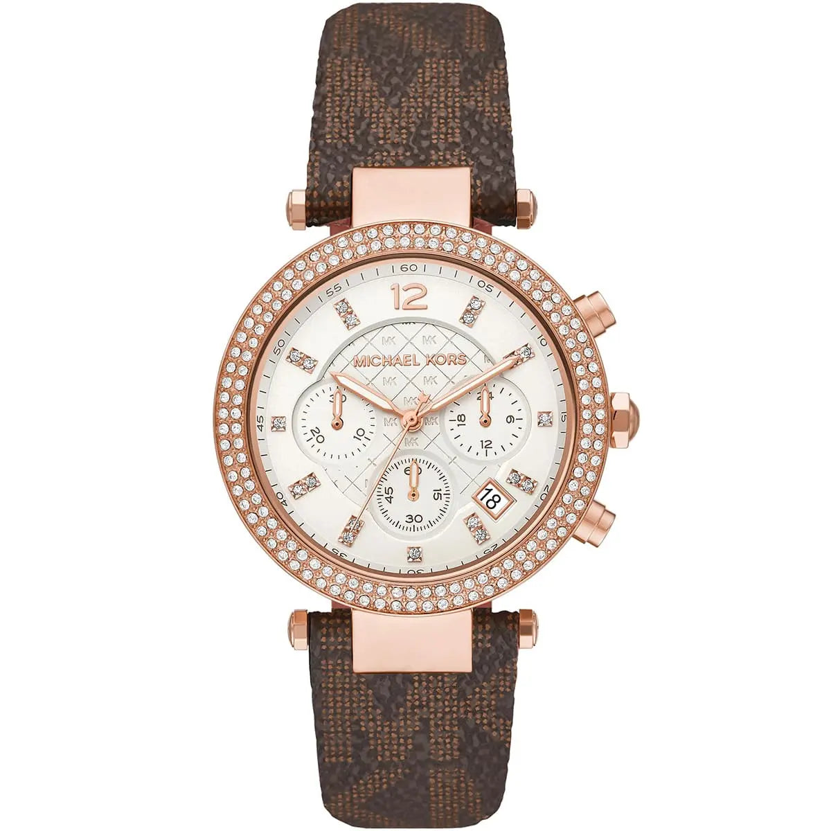 Michael Kors Parker Pavé rose gold chronograph watch with white dial and brown patterned strap