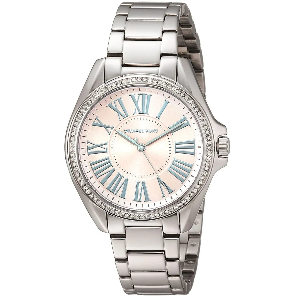 Michael Kors Kacie watch angled view showing silver strap and pink dial face