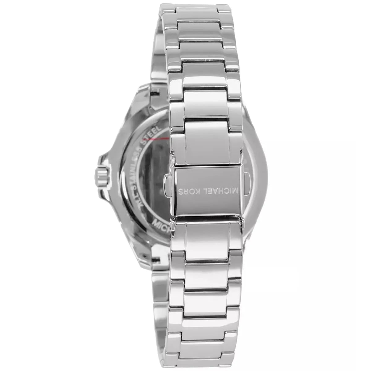 Caseback view of Michael Kors Kacie watch with stainless steel links and engraved text