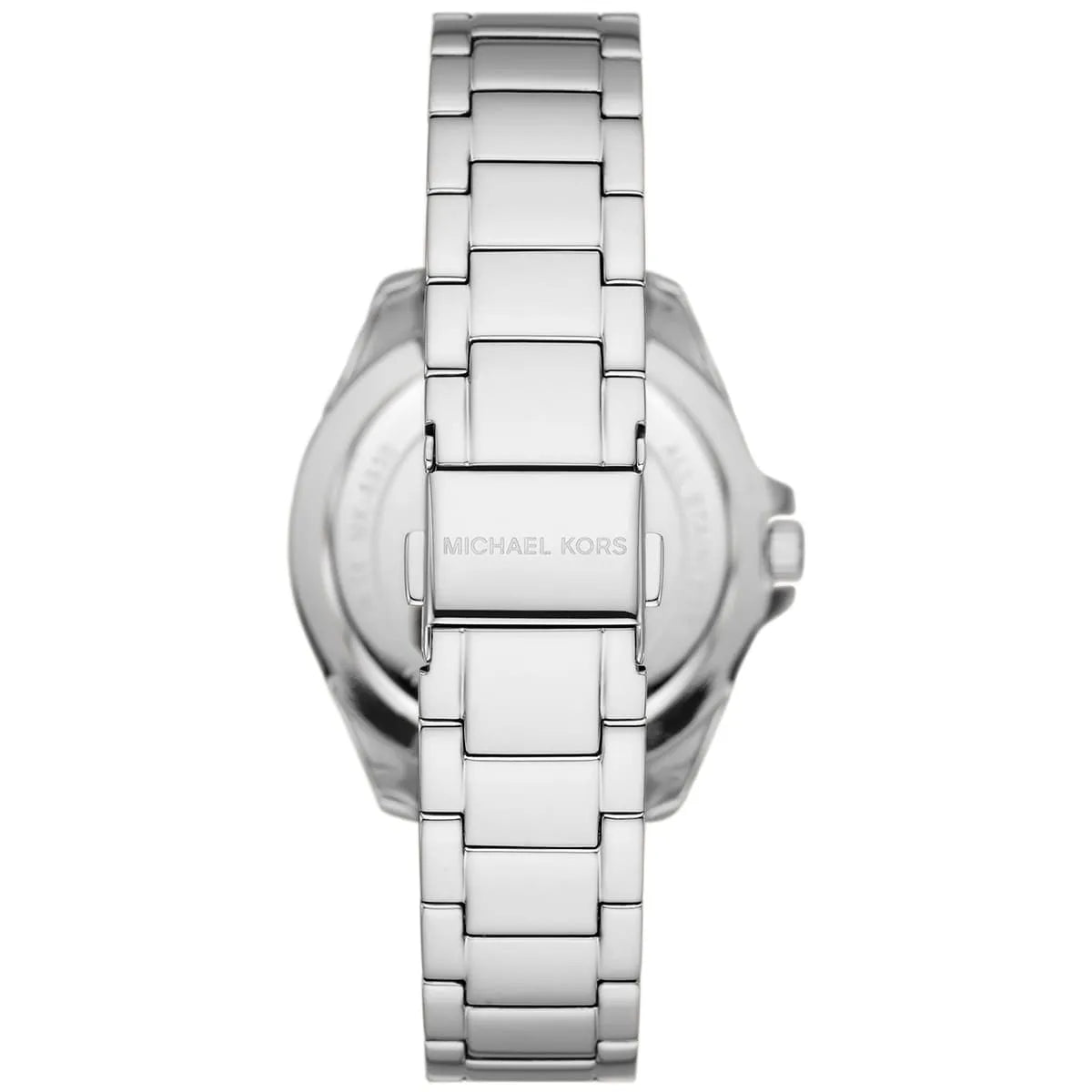 Overhead view of Michael Kors Kacie watch strap showing stainless steel links and clasp