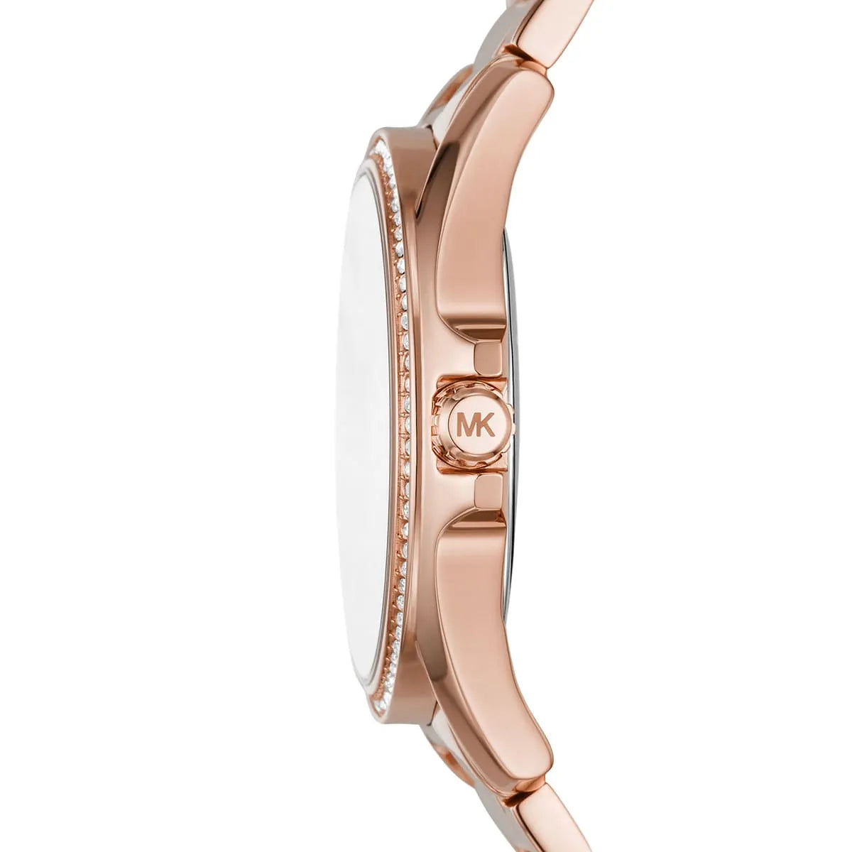 Angled view of Michael Kors Kacie watch showcasing crystal bezel and rose gold case profile