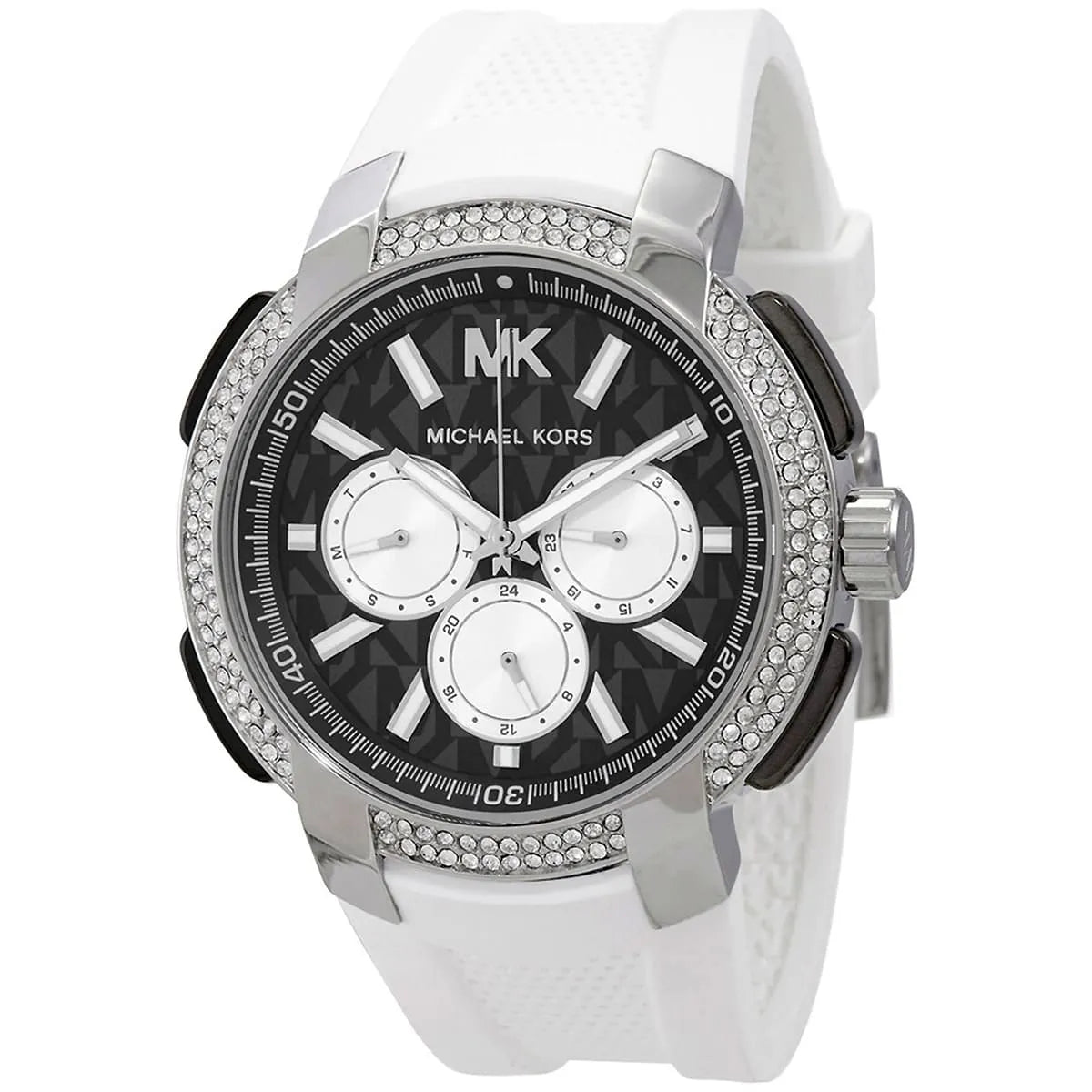 Michael Kors Sidney women's watch at 45-degree angle showing black dial with three subdials and white strap