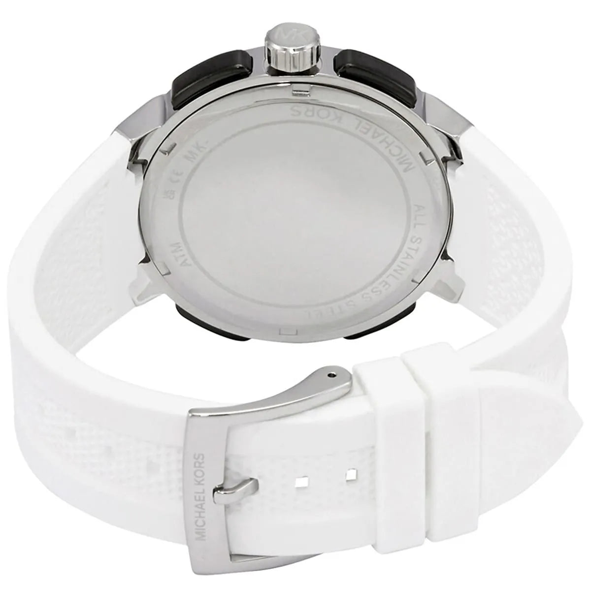 Michael Kors Sidney watch back view with white textured silicone strap and butterfly clasp