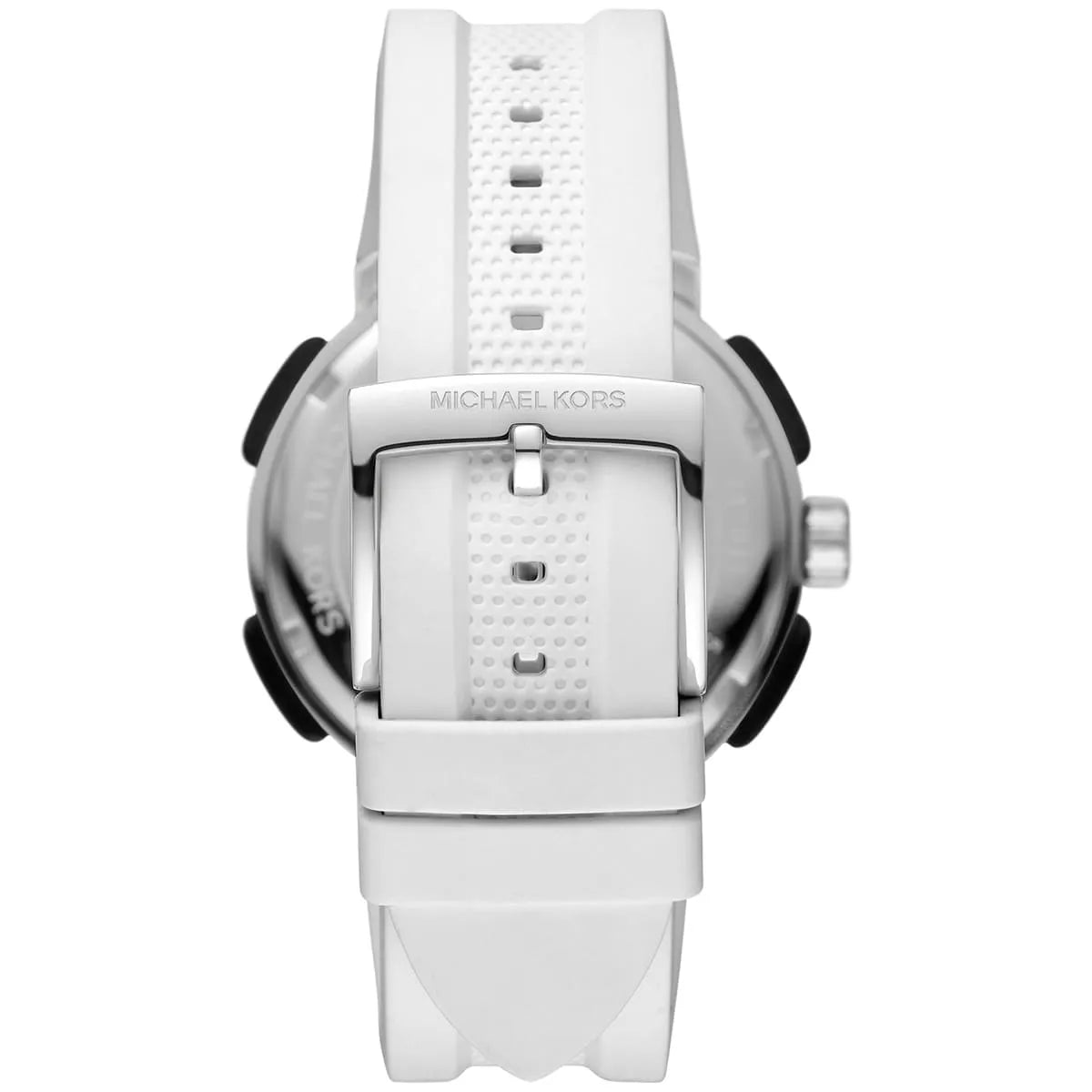 Back view of Michael Kors Sidney watch showing caseback with white silicone strap attachment