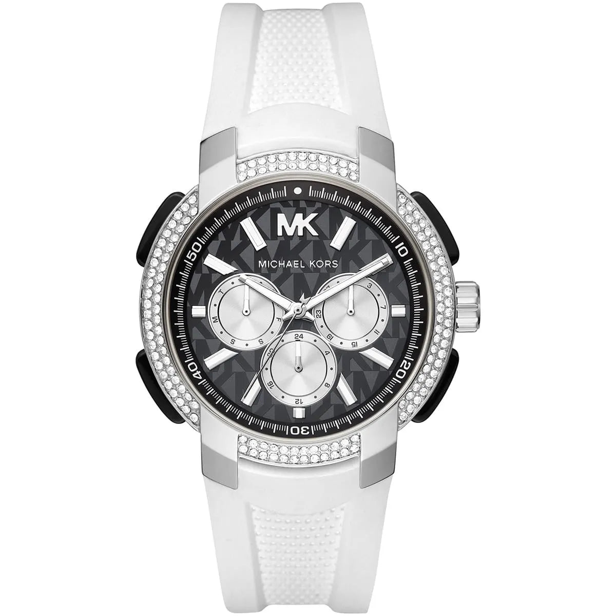 Michael Kors Sidney multifunction watch with black dial, white chronograph subdials, crystal bezel, and white silicone strap
