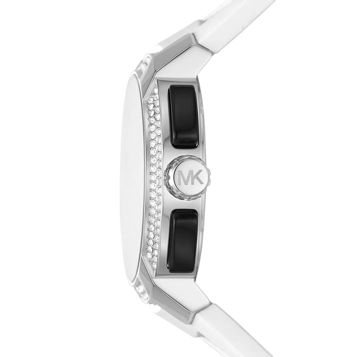 Michael Kors Sidney watch side view showing case profile with crystal bezel and black pushers