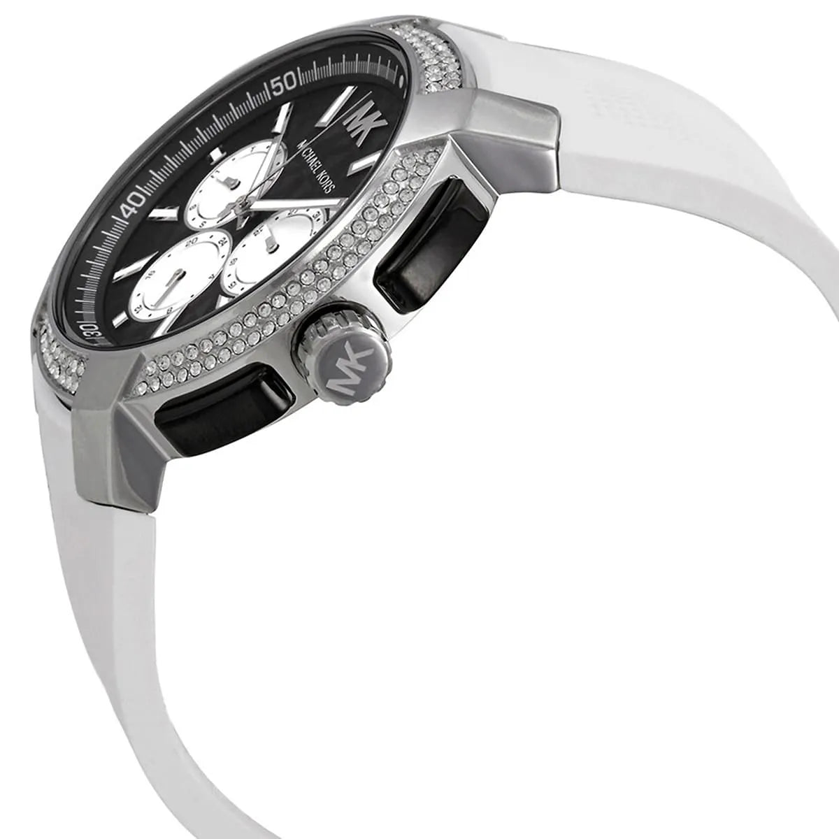 Side profile of Michael Kors Sidney watch with crystal-set bezel and white silicone strap