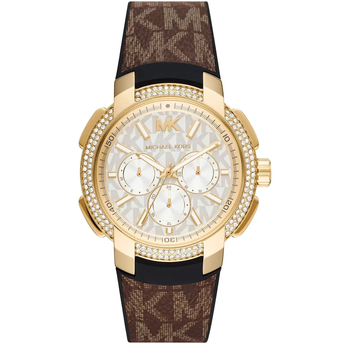 Michael Kors Sidney MK6948 women's chronograph watch with white dial, gold-tone case, crystal bezel, and brown leather strap