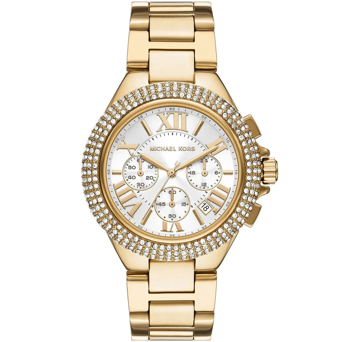 Michael Kors Camille gold-tone chronograph watch with crystal pavé bezel and white dial