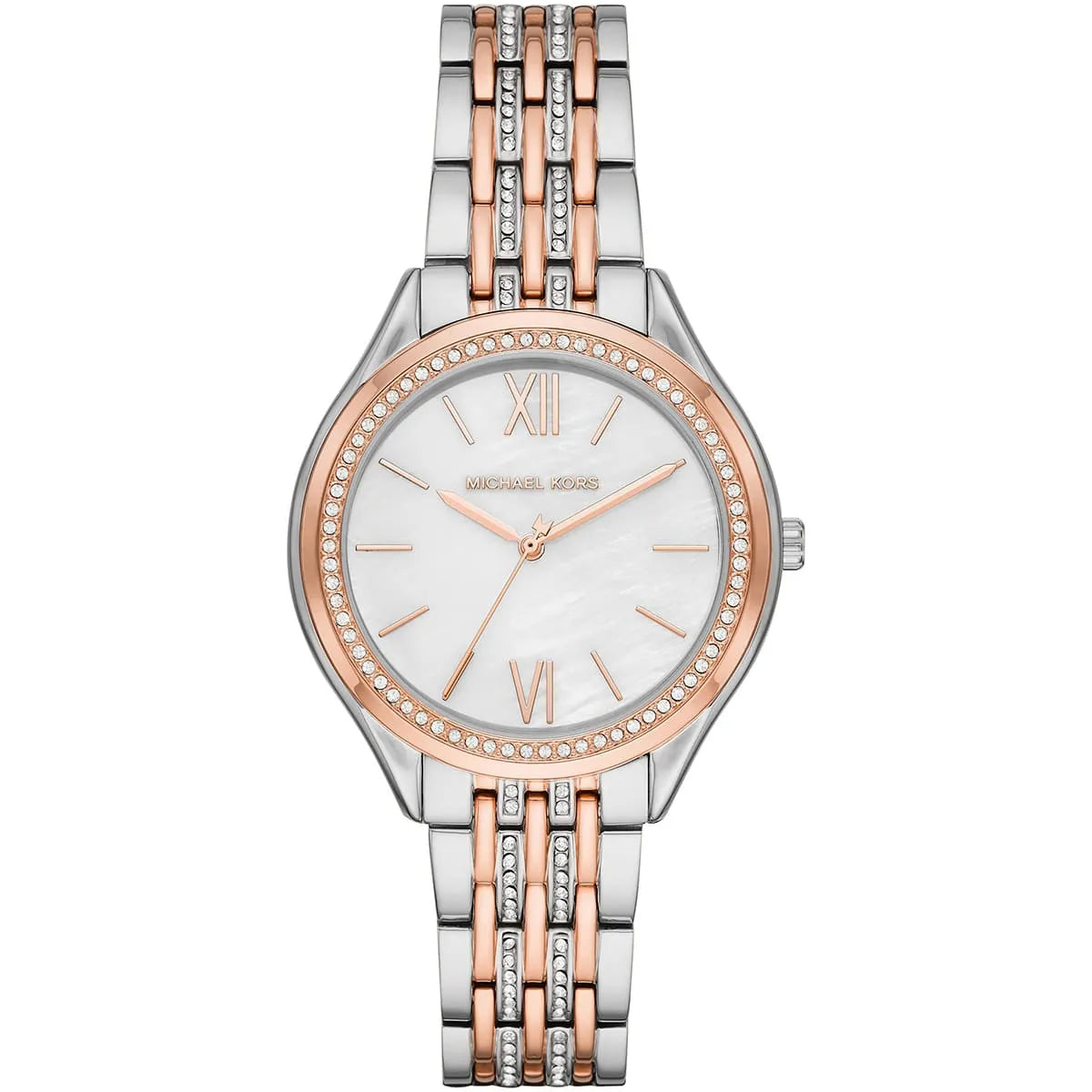 Michael Kors Mindy women's watch with white dial, crystal-set bezel, two-tone rose gold and silver stainless steel strap