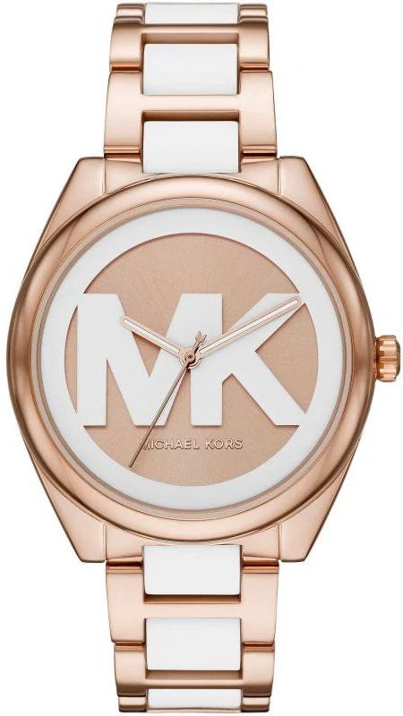 Michael Kors Janelle rose gold women's watch with white acetate strap and MK logo dial