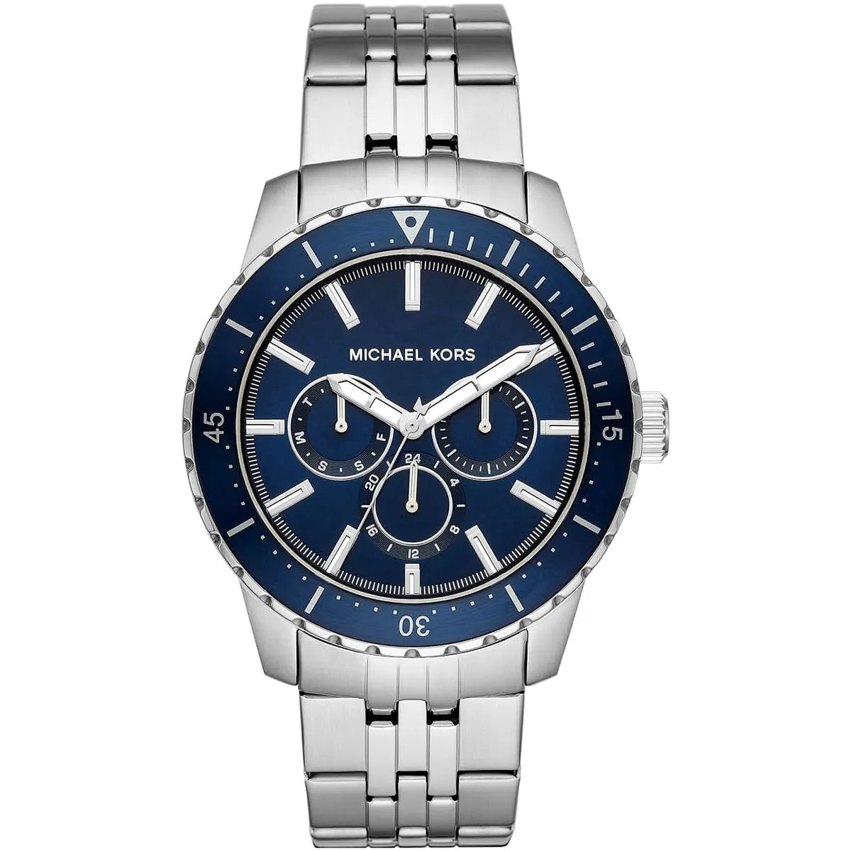 Michael Kors Cunningham multifunction watch with blue dial, silver stainless steel case and bracelet