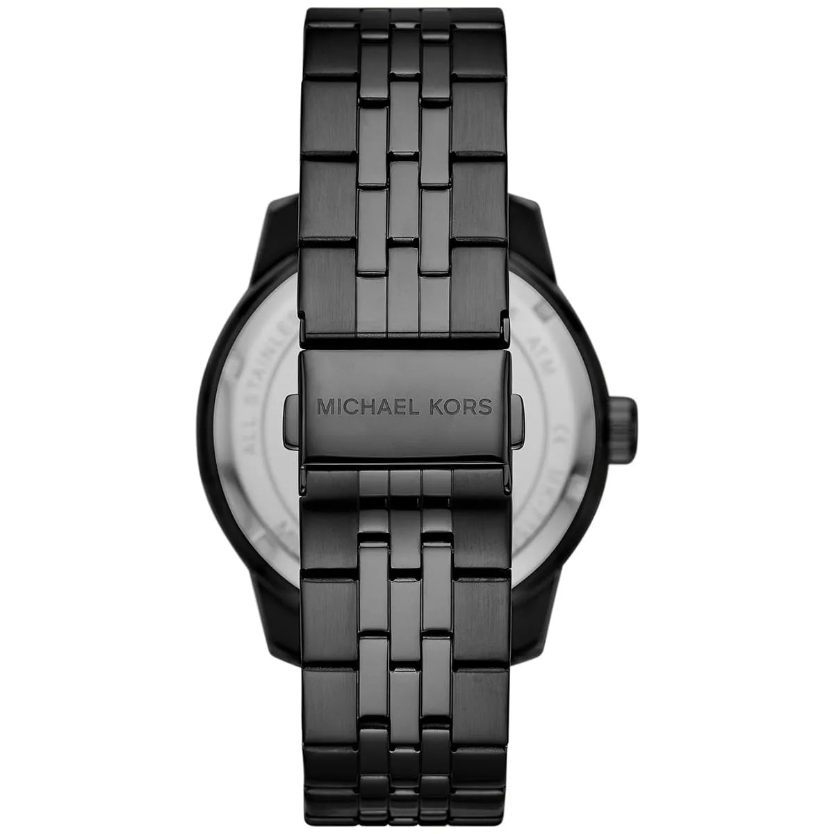 Back view of Michael Kors Cunningham MK7157 showing transparent caseback and stainless steel bracelet