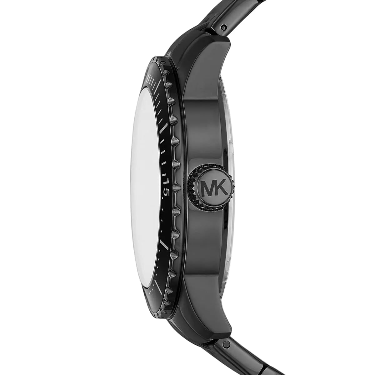Side profile of Michael Kors Cunningham MK7157 watch showing black case profile and crown detail