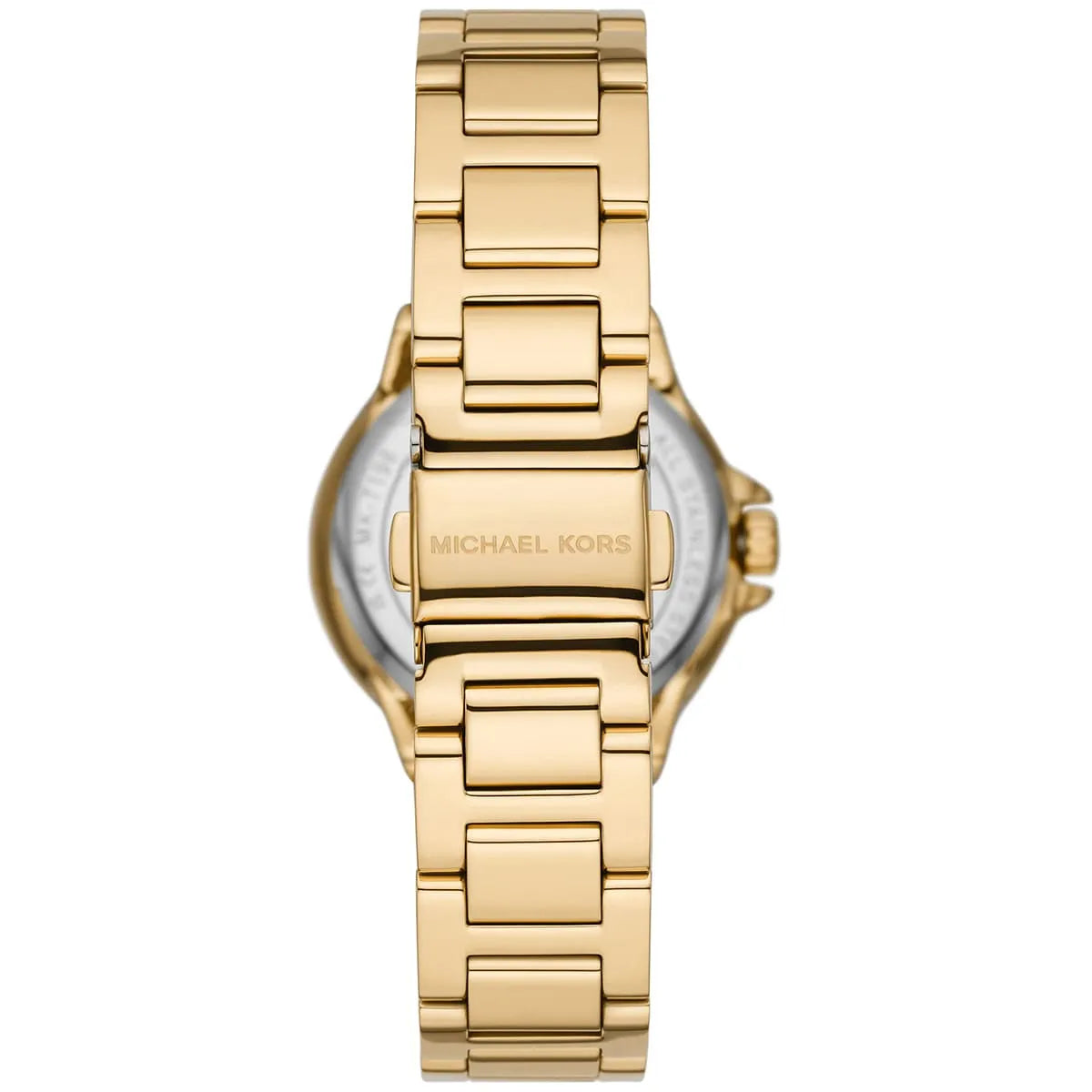 Michael Kors Camille MK7196 caseback view showing gold-tone stainless steel case and bracelet
