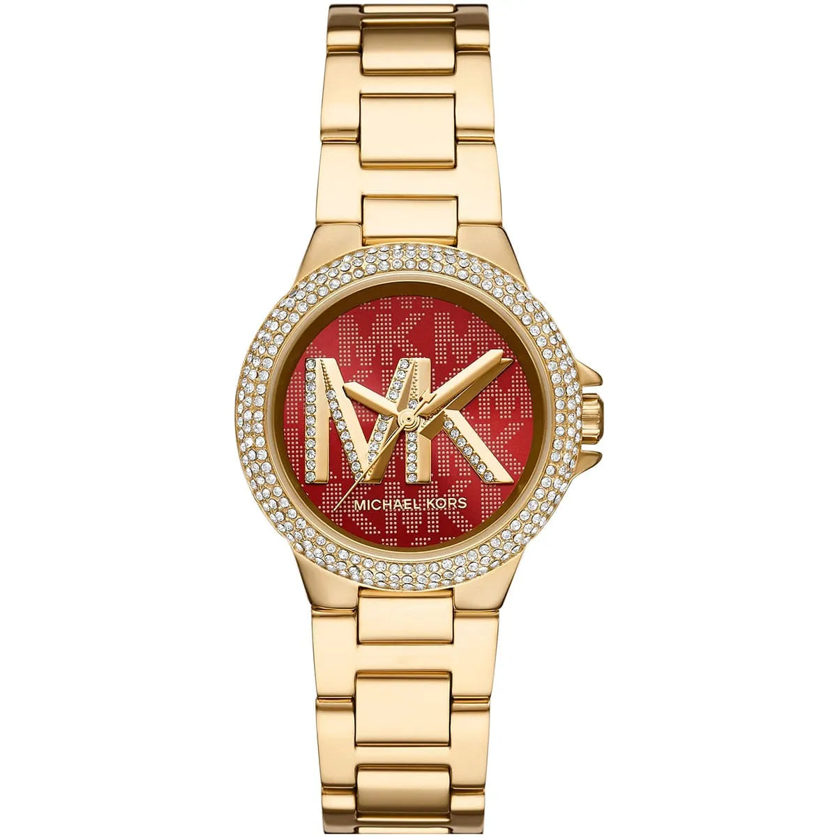 Michael Kors Camille MK7196 women's watch with crimson pavé dial, gold-tone case, crystal bezel, and gold-tone bracelet strap
