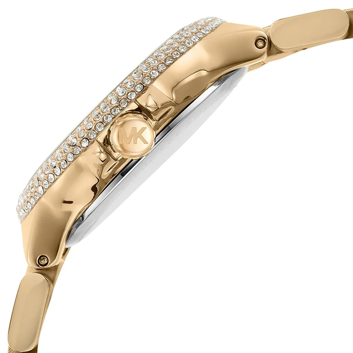 Michael Kors Camille MK7196 side view showing gold-tone bracelet links and crystal-set bezel detail