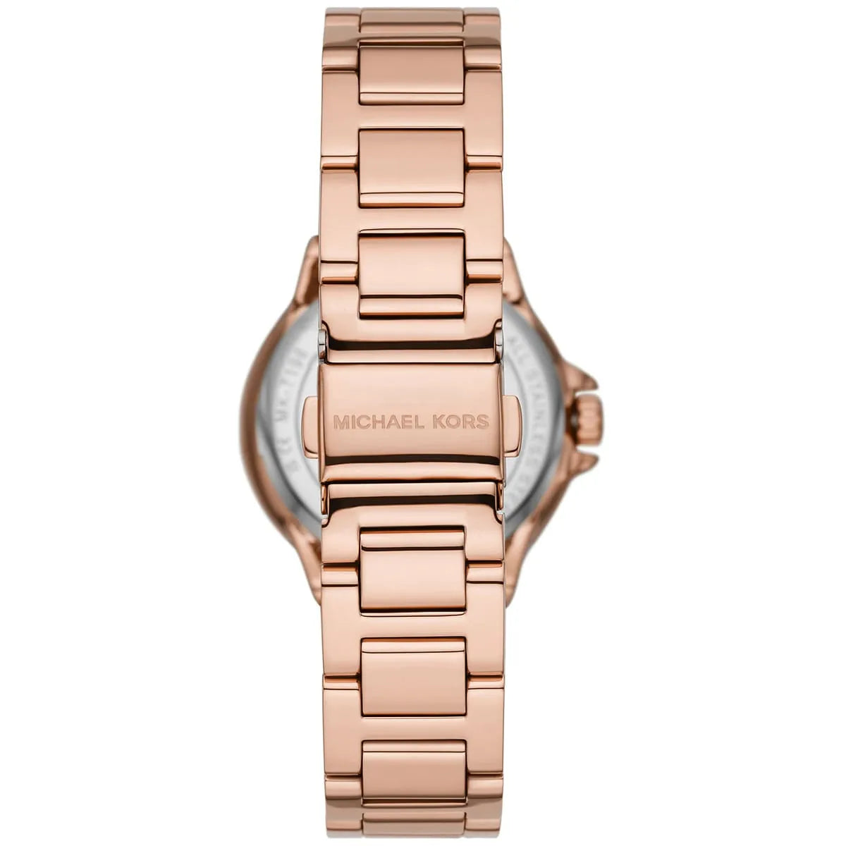 Michael Kors Camille watch caseback displaying rose gold metal with engraved Michael Kors branding