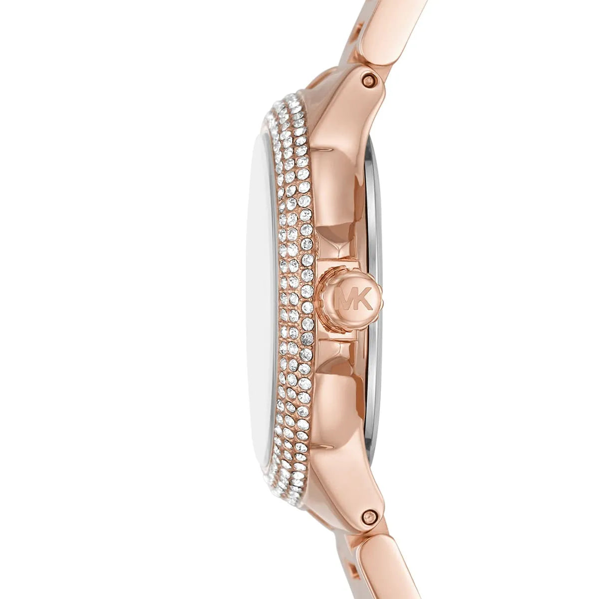 Michael Kors Camille watch side view displaying case thickness with crystal bezel and rose gold bracelet