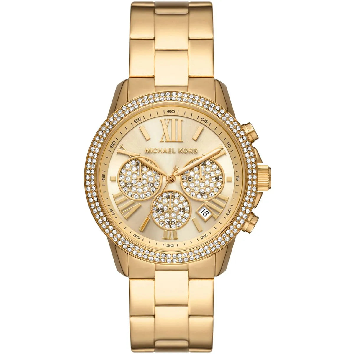 Michael Kors Bryn Pavé gold chronograph watch front view with champagne dial and crystal-set bezel