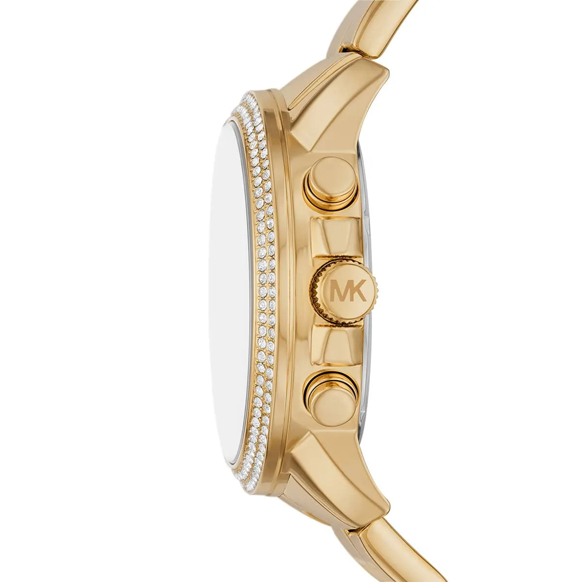Michael Kors Bryn Pavé watch side profile showing gold case, crystal bezel, and metal bracelet