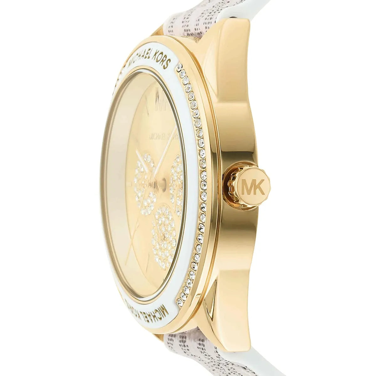 Michael Kors Jessa watch side angle showing gold case depth and white silicone band