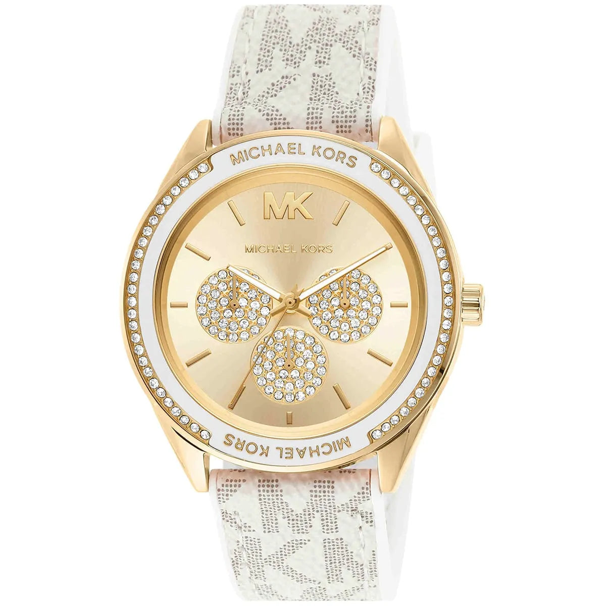 Michael Kors Jessa watch angled view showing gold case, crystal bezel, and white strap