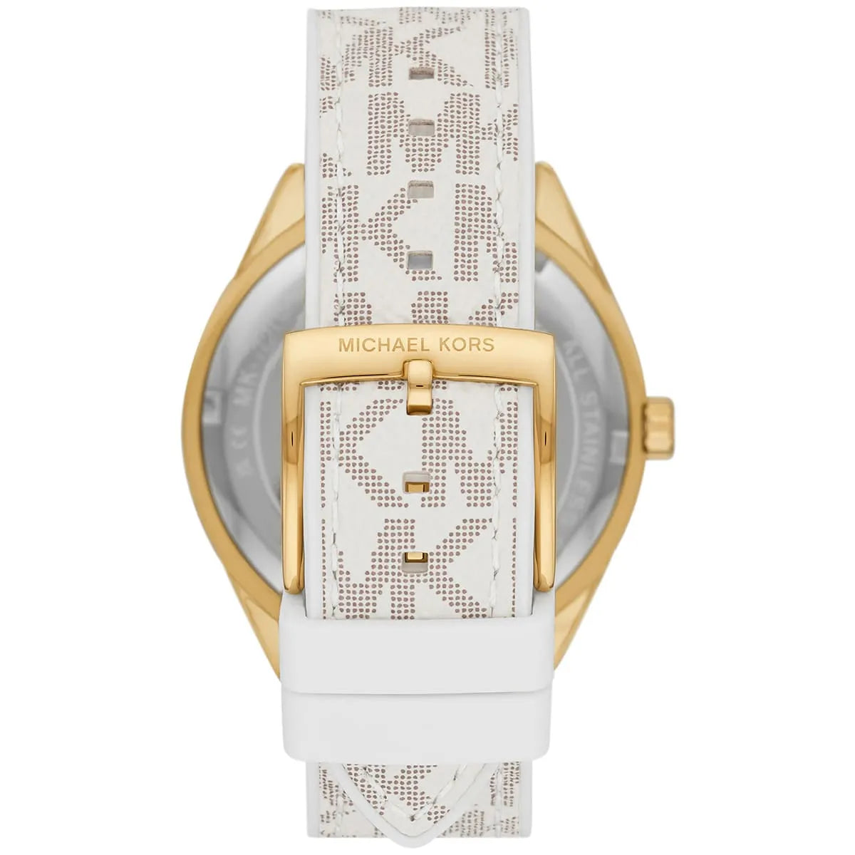 Michael Kors Jessa watch bottom view with gold case and white monogram strap
