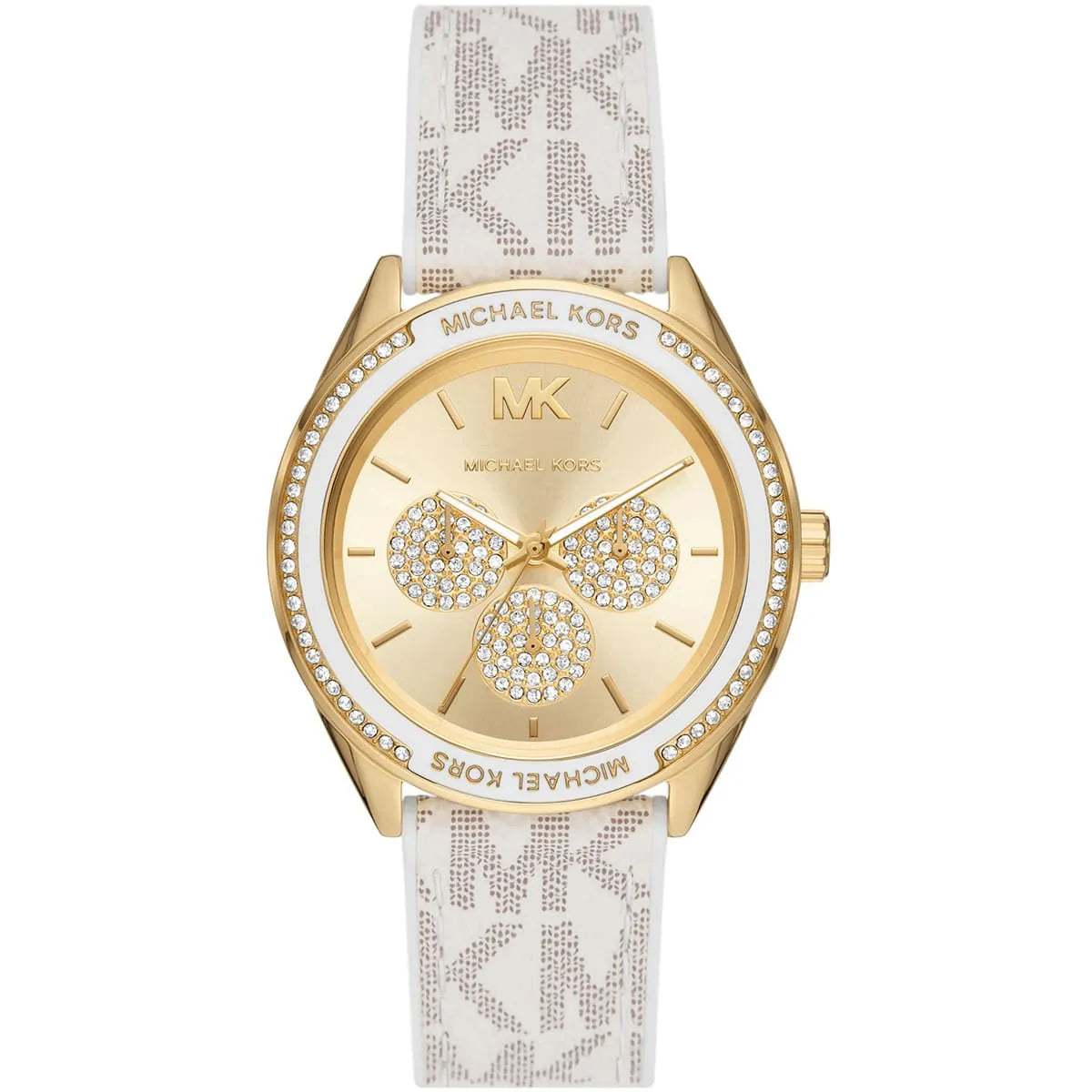 Michael Kors Jessa women's watch with gold dial, crystal bow design, and white silicone strap