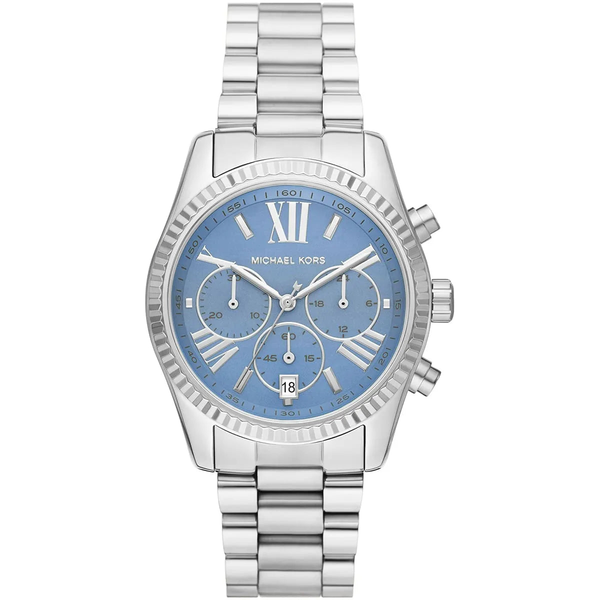 Michael Kors Lexington chronograph watch with chambray blue dial and silver stainless steel strap