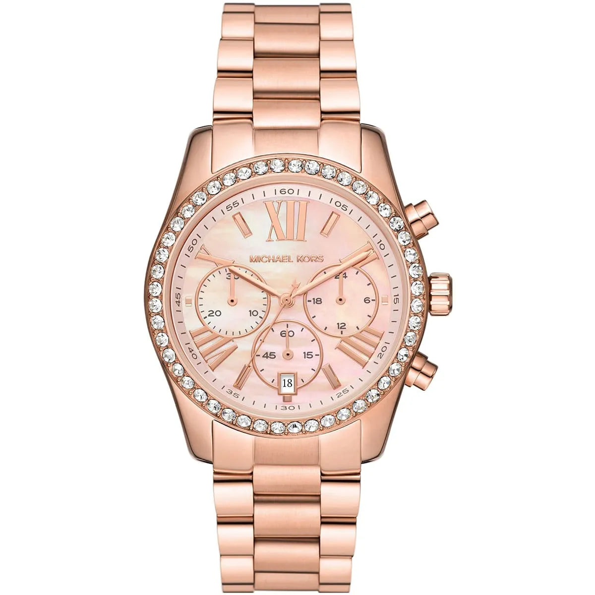 Michael Kors Lexington chronograph watch with pink mother-of-pearl dial and rose-gold bracelet