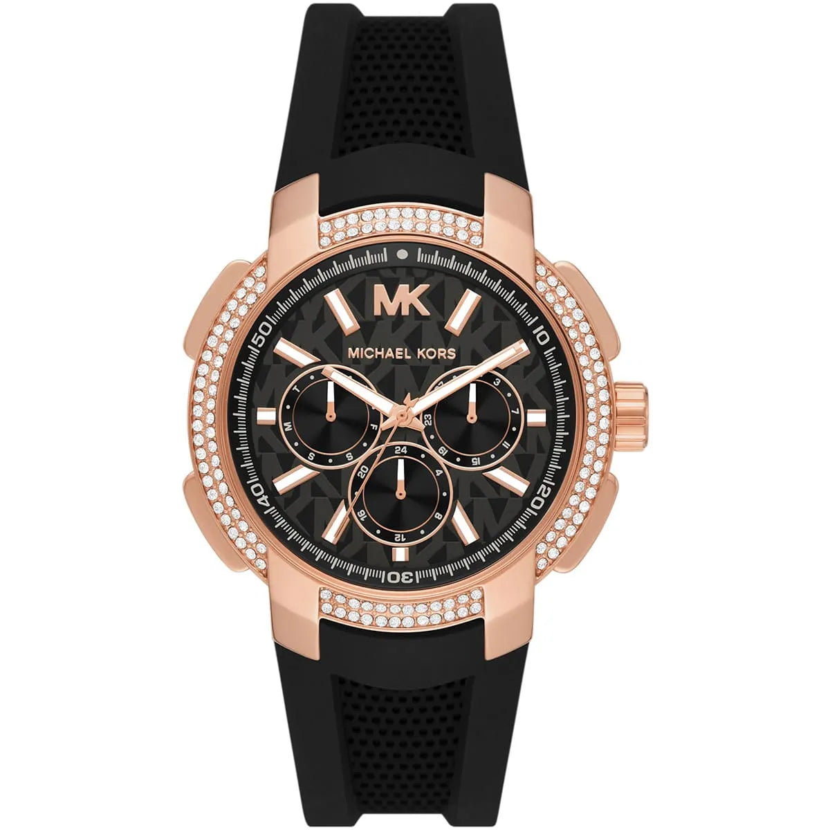 Michael Kors Sidney rose gold and black chronograph watch with crystal bezel