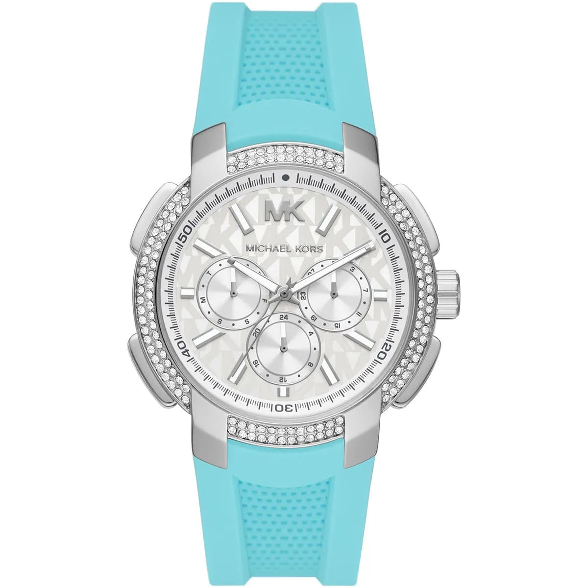 Michael Kors Sidney oversized watch with silver-tone pavé case, white chronograph dial, turquoise silicone strap