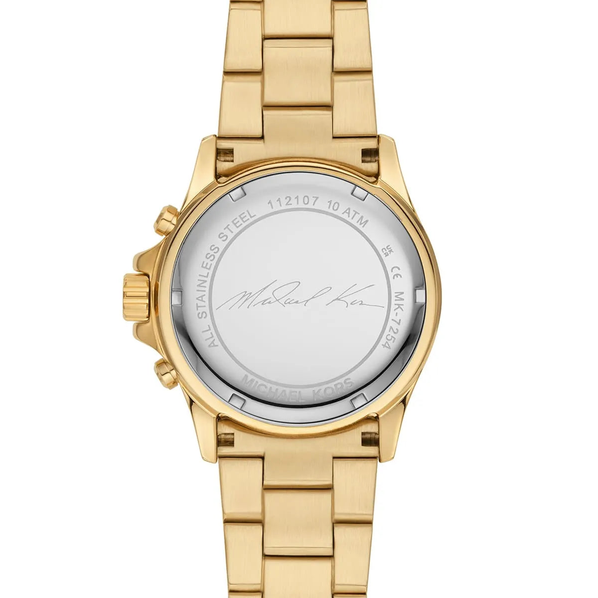 MK7254 caseback featuring Michael Kors signature engraving and watch specifications