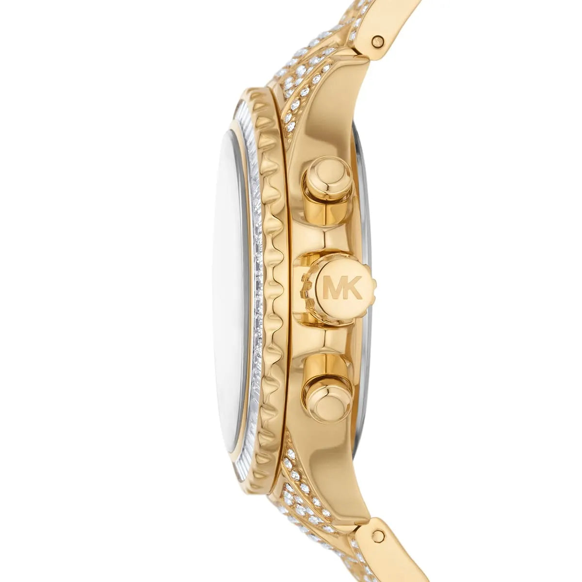 MK7254 side view showing gold-tone stainless steel case, chronograph pushers, and crystal-paved bracelet