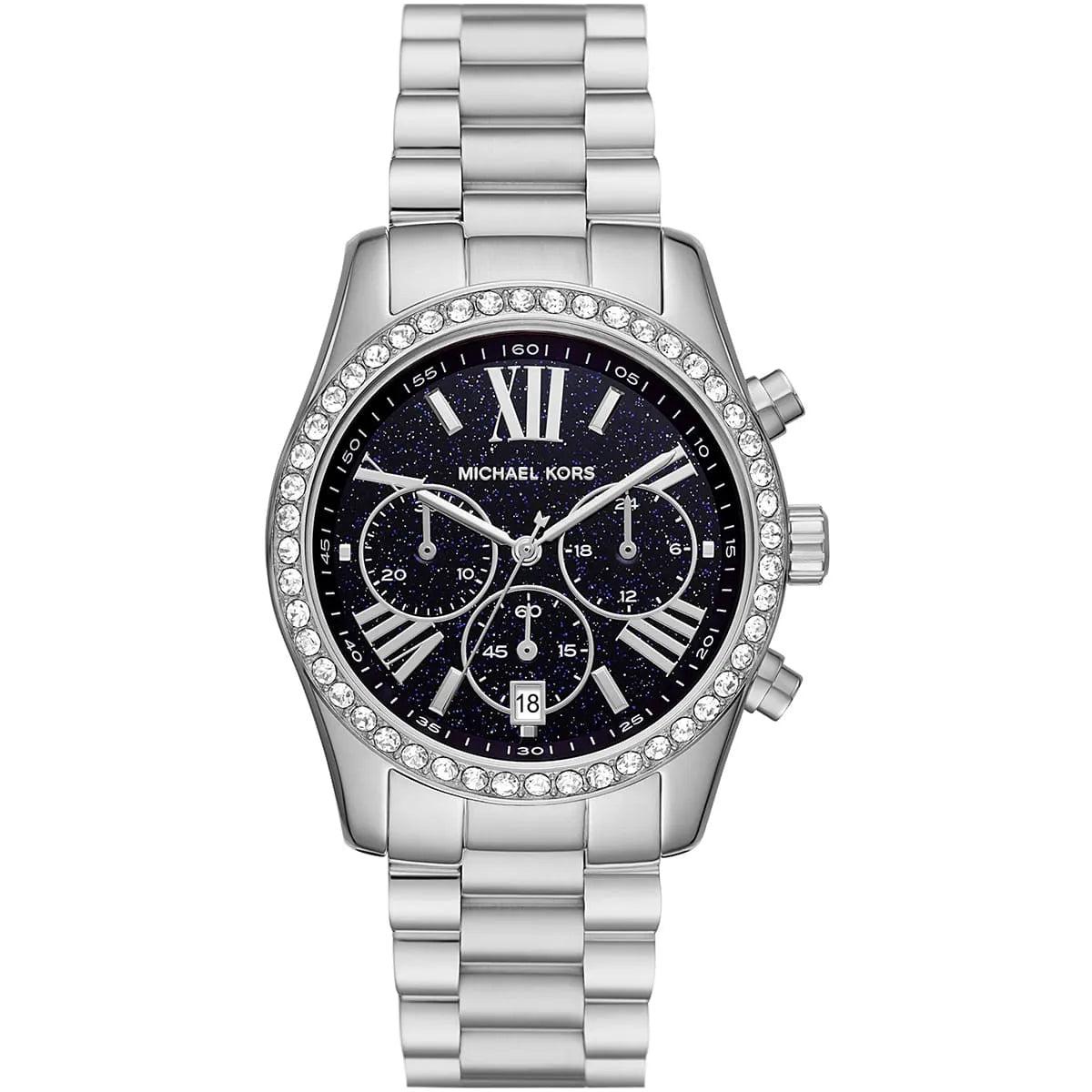 Michael Kors Lexington chronograph women's watch with black dial, crystal bezel, silver strap
