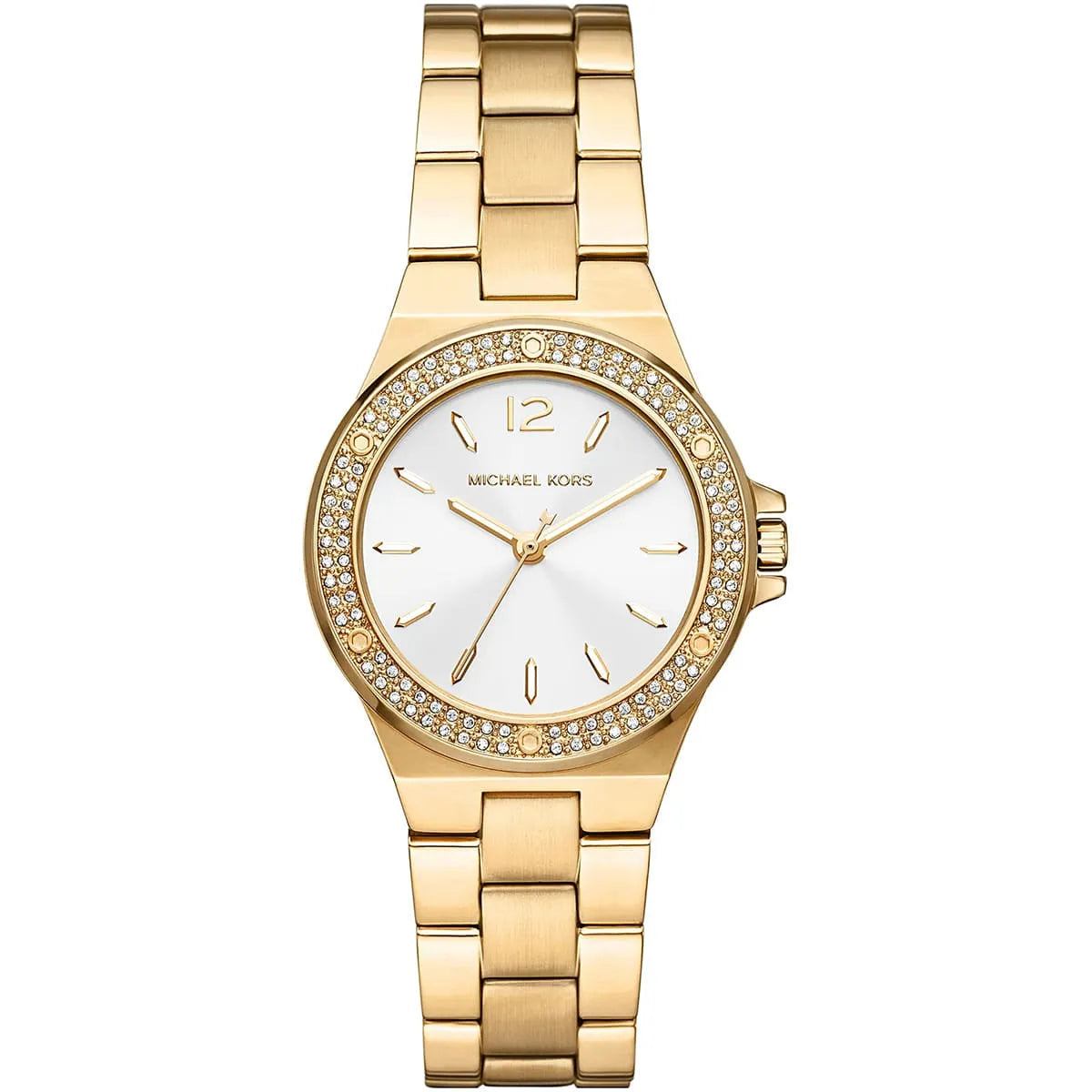 Michael Kors Mini Lennox gold women's watch with pearlescent white dial and crystal bezel