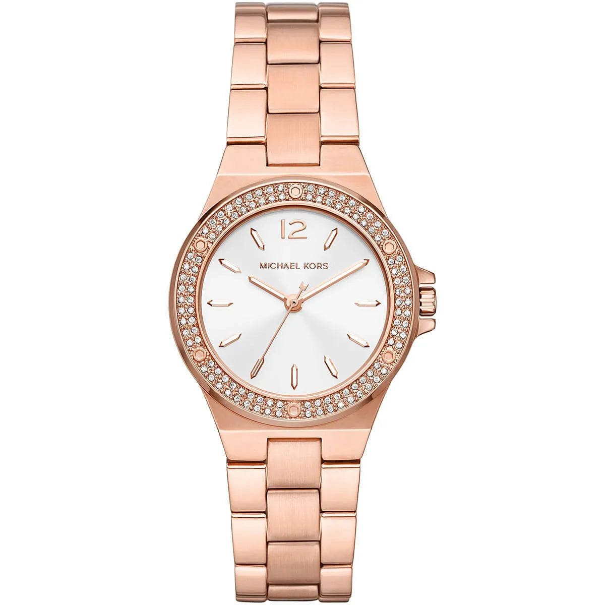 Michael Kors Mini-Lennox rose gold women's watch with white dial and pavé crystal bezel