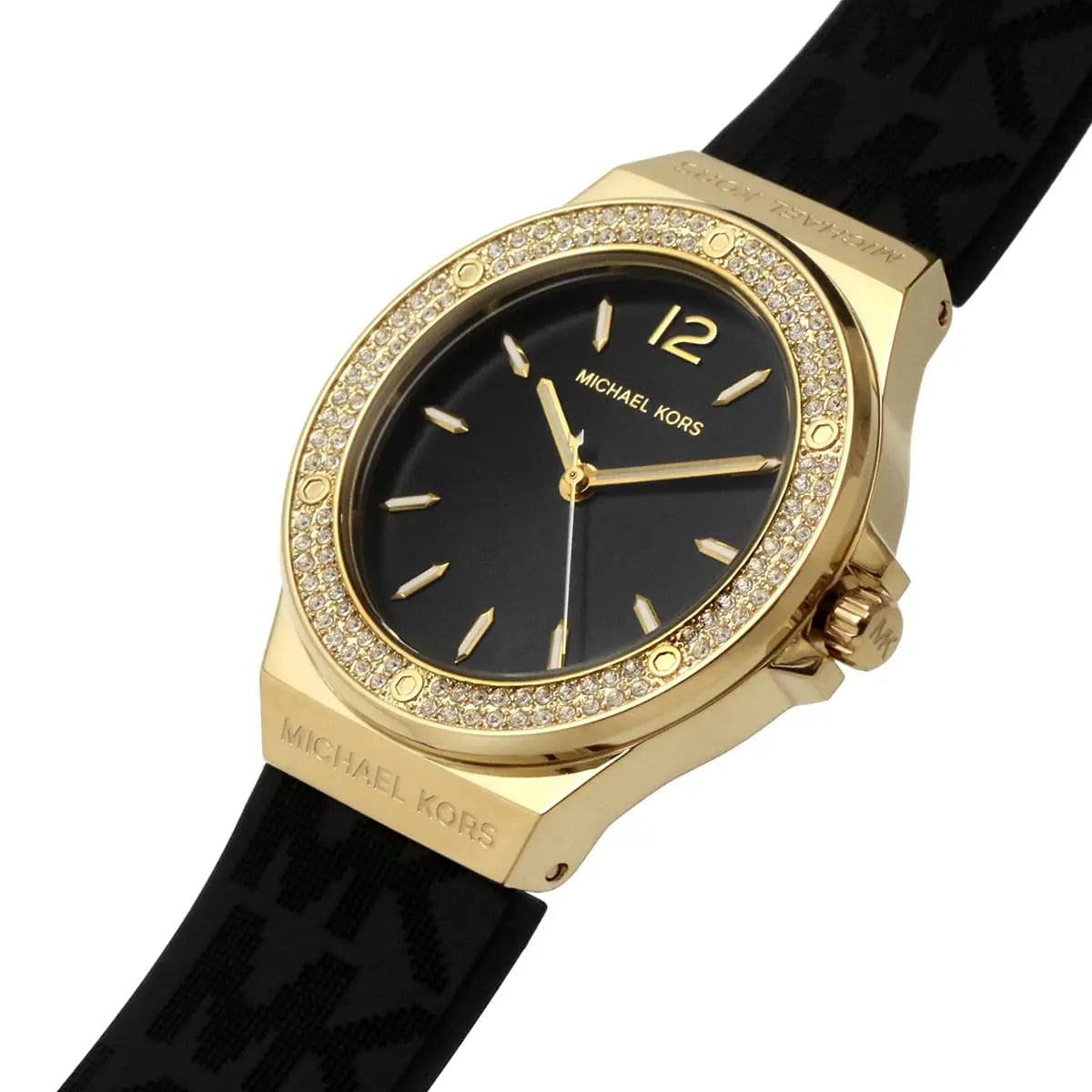 Michael Kors Lennox watch angled view showing gold case, black dial and silicone strap