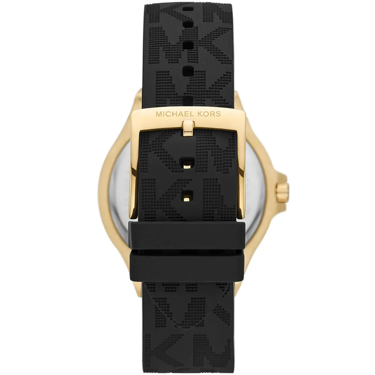 Michael Kors Lennox watch caseback showing gold-tone case with black silicone strap