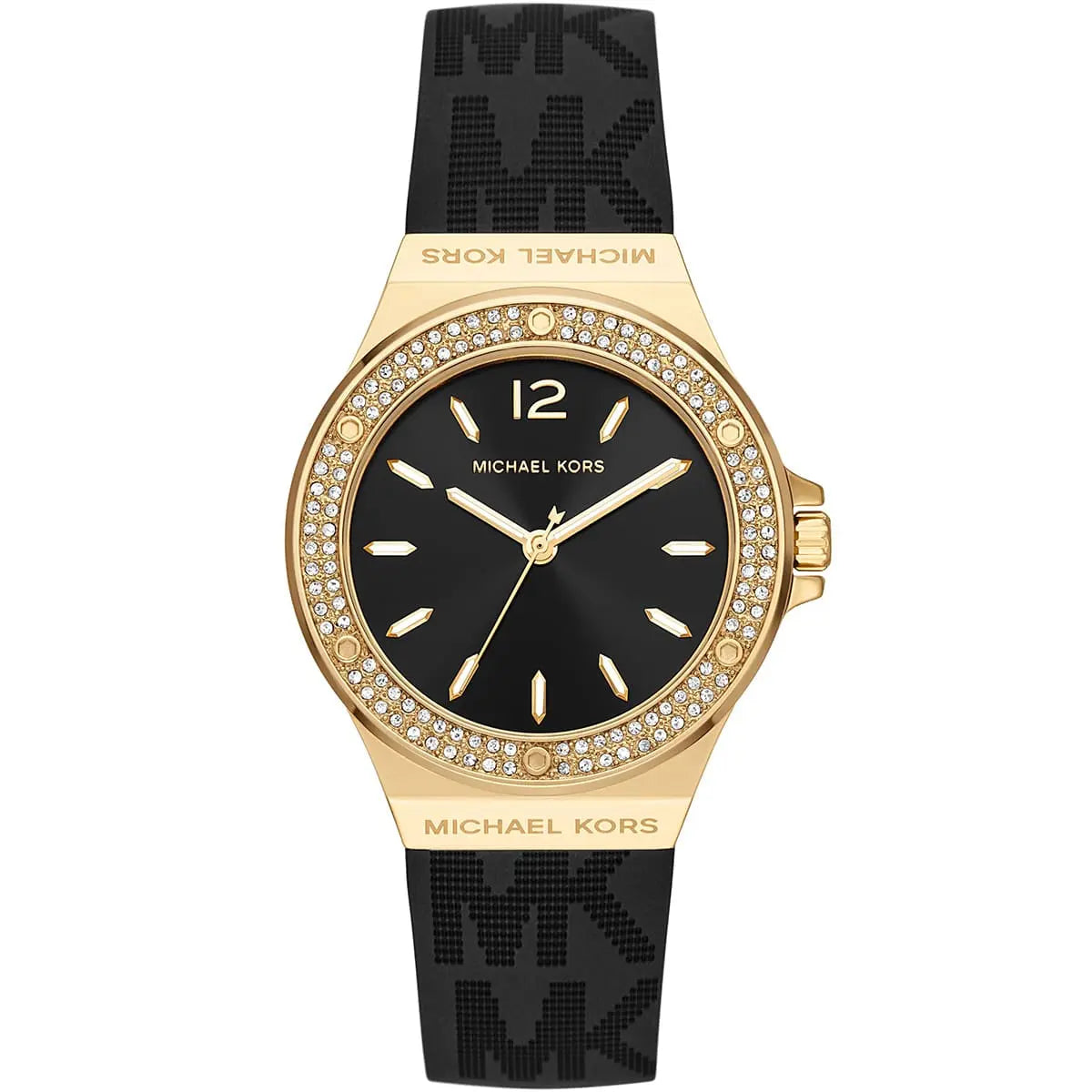 Michael Kors Lennox women's watch with black dial, gold-tone case, crystal bezel and black silicone strap