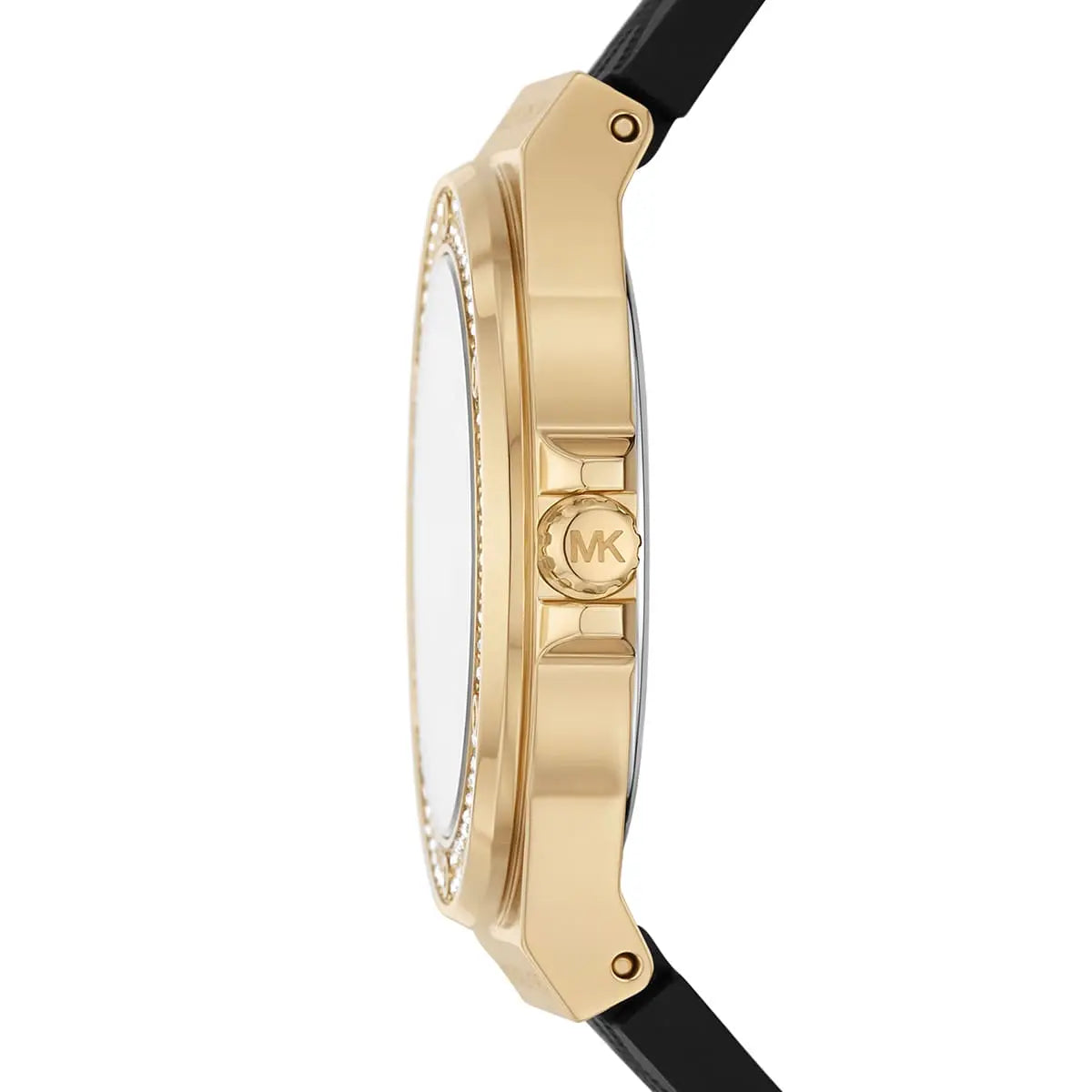 Michael Kors Lennox watch side view displaying gold-tone case profile and crystal bezel