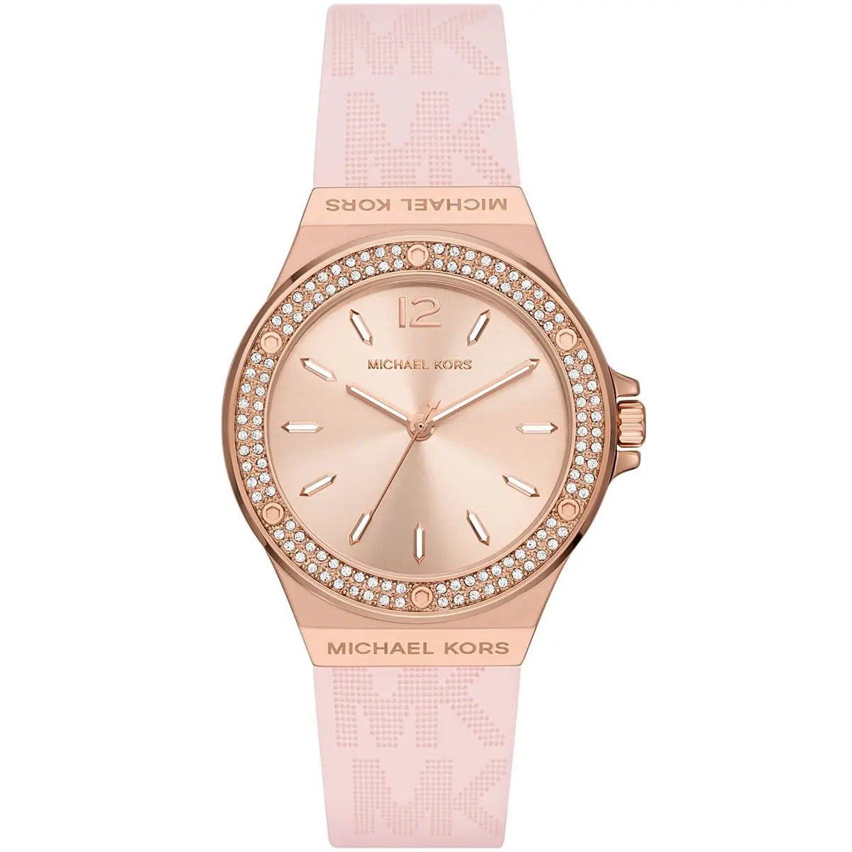 Michael Kors Lennox women's watch with rose gold dial, crystal bezel, and pink silicone strap