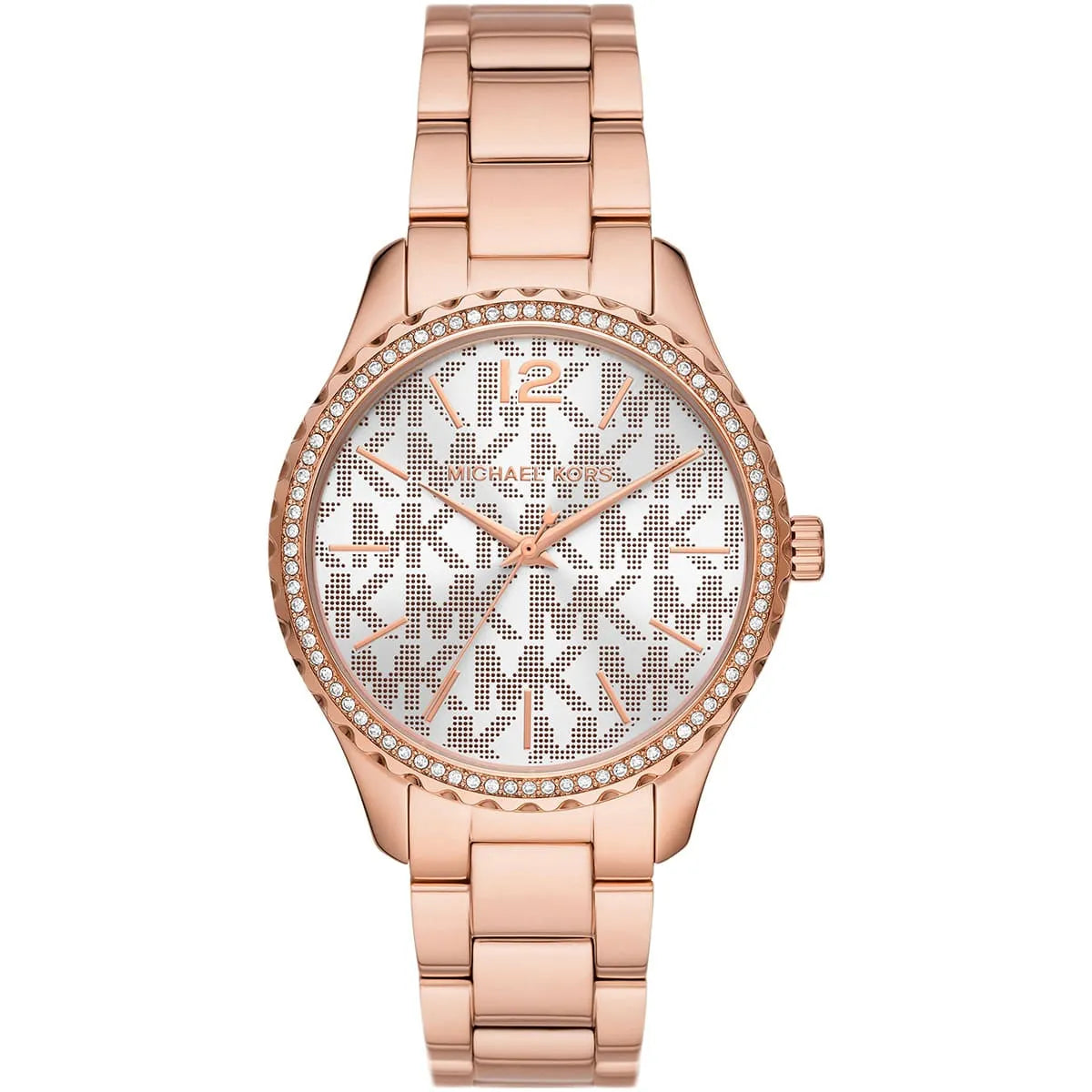 Michael Kors Layton MK7297 rose gold watch with white dial and pavé logo, crystal bezel