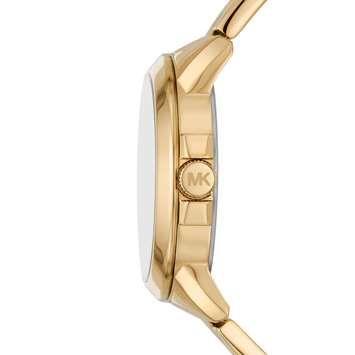 Side view of Michael Kors Brynn showing gold stainless steel bracelet and case
