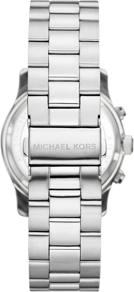 Michael Kors MK7325 watch caseback showing steel bracelet and engraved branding