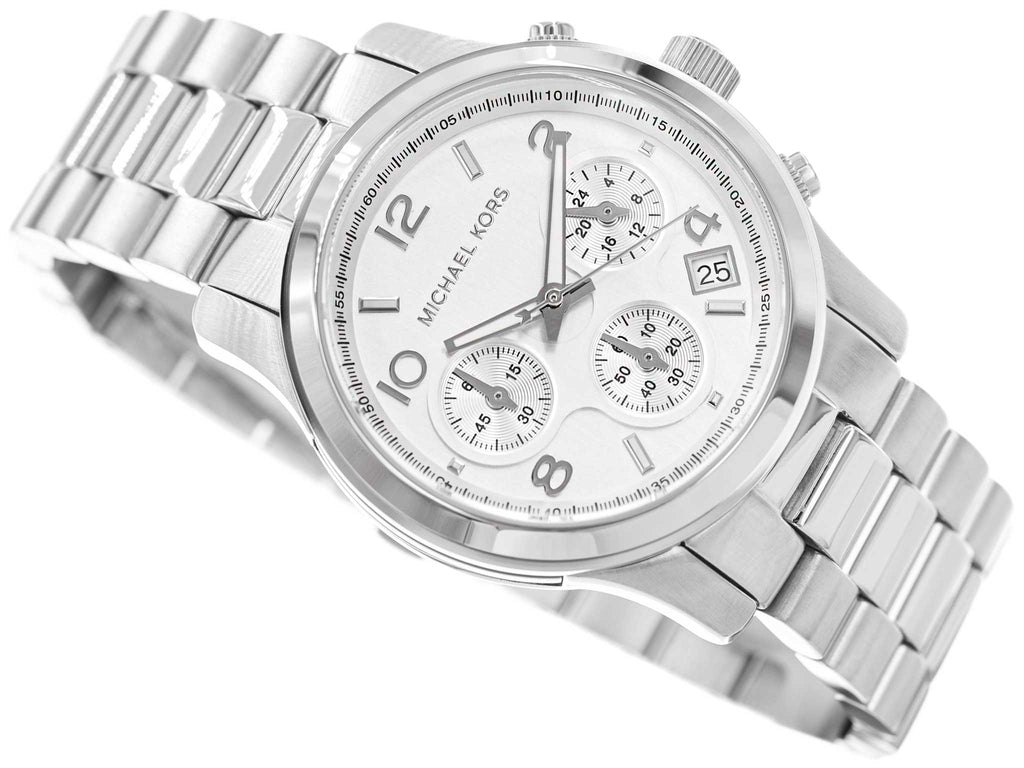 Michael Kors MK7325 Runway Chronograph at 45-degree angle showing silver case and bracelet detail